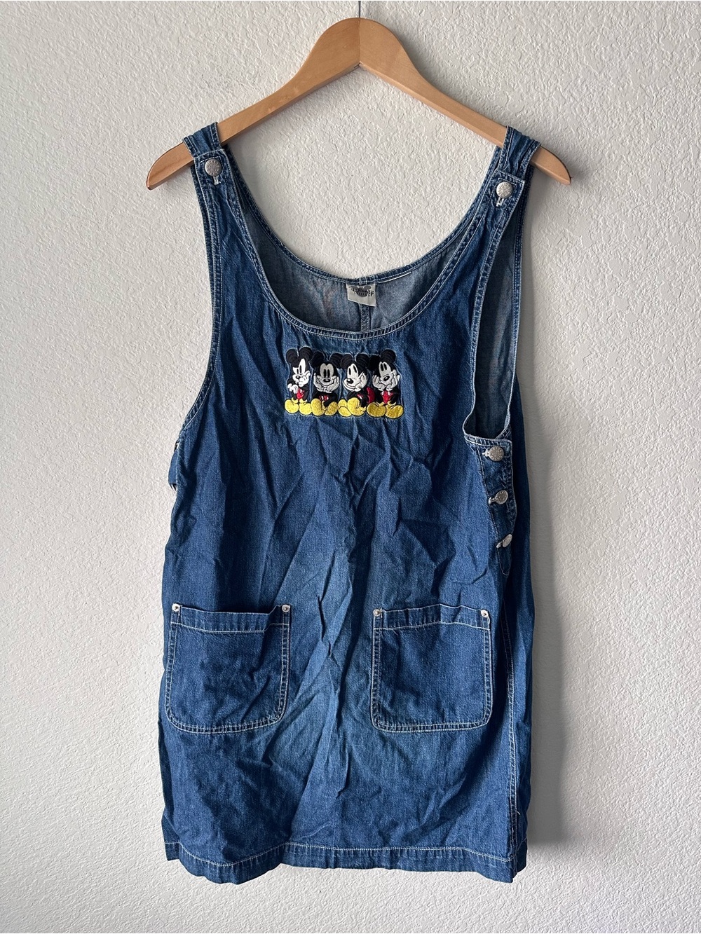 Vintage Disney Store Mickey Mouse Denim Jumper Dress Embroidered Button Side XL